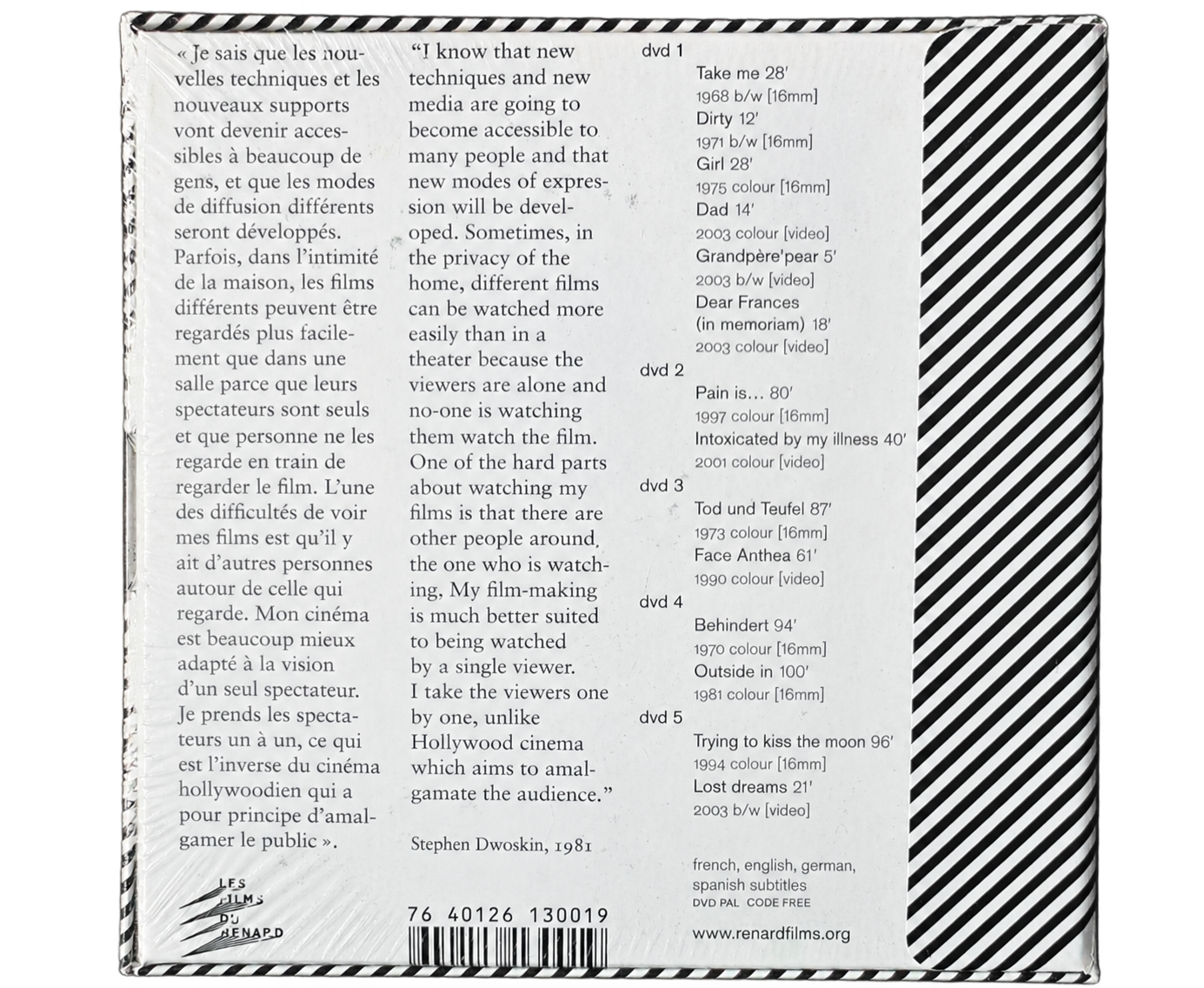 Dos du coffret Stephen Dwoskin — 14 Films